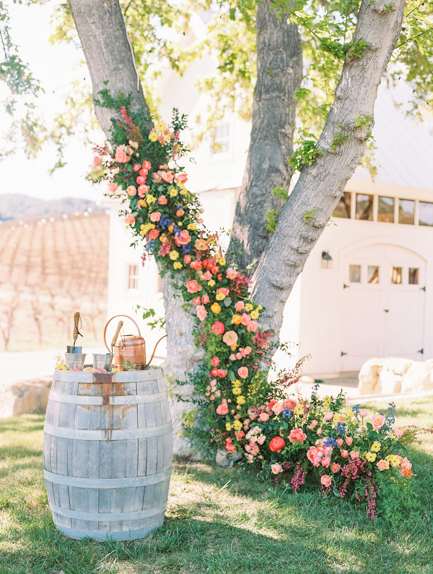 Unbelievable floral installation on tree at Hammersky Vineyards Elopement Photography in Wine Country