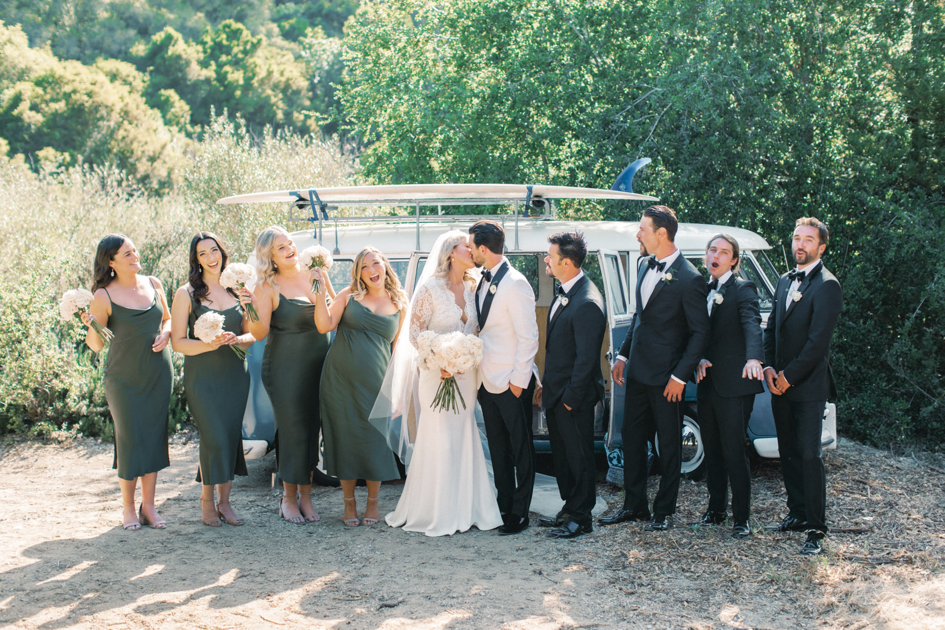 bridal party photo with VW van and surfboard Wedding in The Rolling Hills of Aptos 